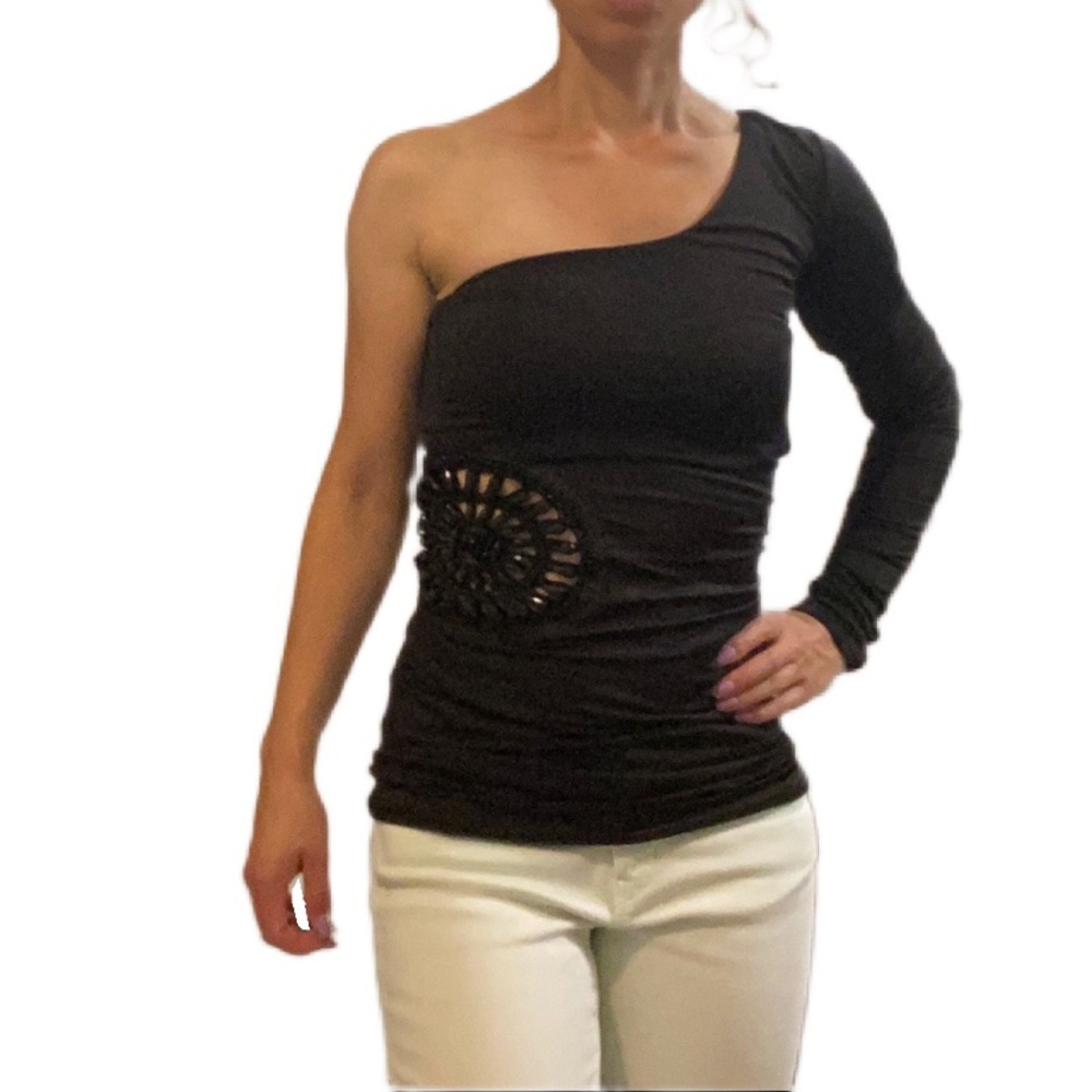Arden B Black Top One Shoulder Cutout Jeweled